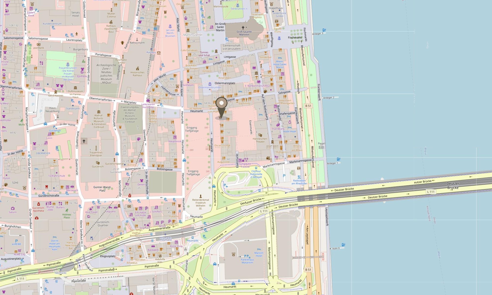 Karte: Heumarkt 52, 50667 Köln — Lage der Praxis an der Deutzer Brücke