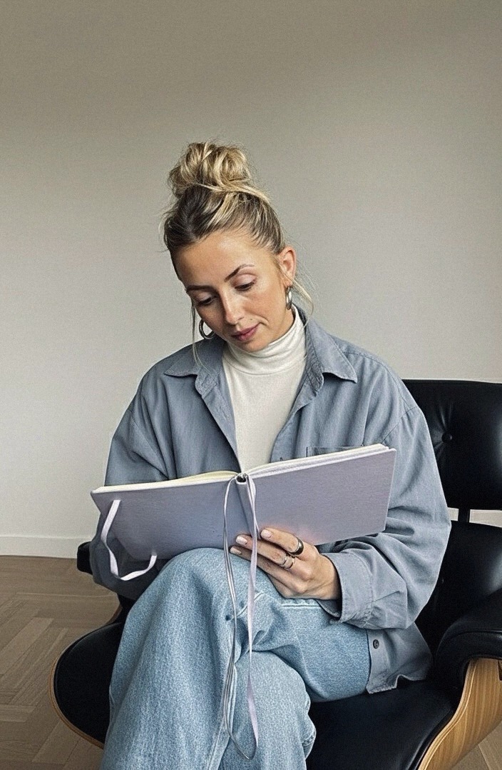 Hannah Kolvenbach mit Notizbuch in ihrer Praxis